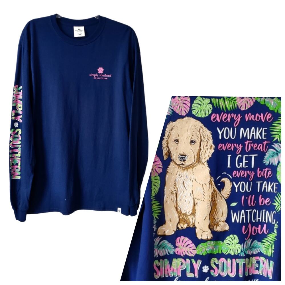 Simply Southern Puppy Dog Rescue Long Sleeve Tee Shirt Top Blue L Preppy Cute